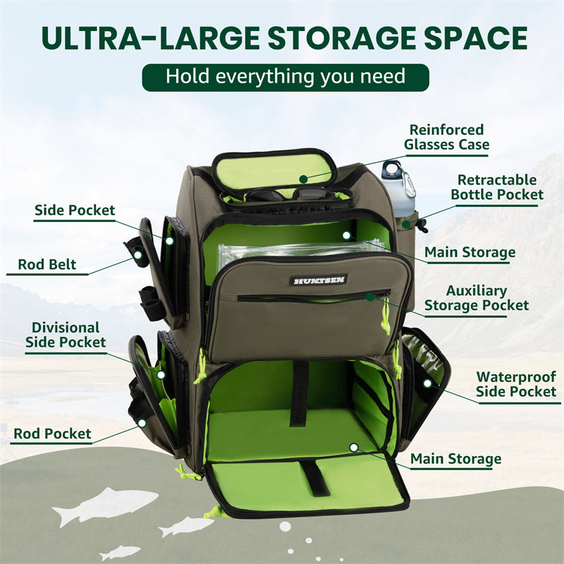 Fishing Backpack - 43L Large Waterproof Tackle Bag