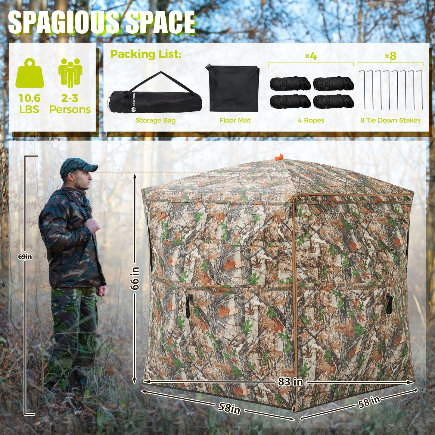 Ground Hunting Blind Side Door 270° See Through with Floor Mat
