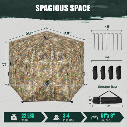 Hunting Blind Pop Up 5-Side See Through Groud Blind for 3–4 Hunters