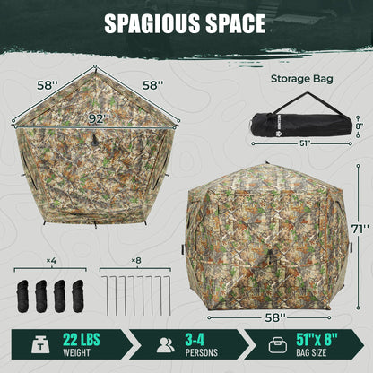Hunting Blind Pop Up 5-Side See Through Ground Blind for 3-4 Hunters
