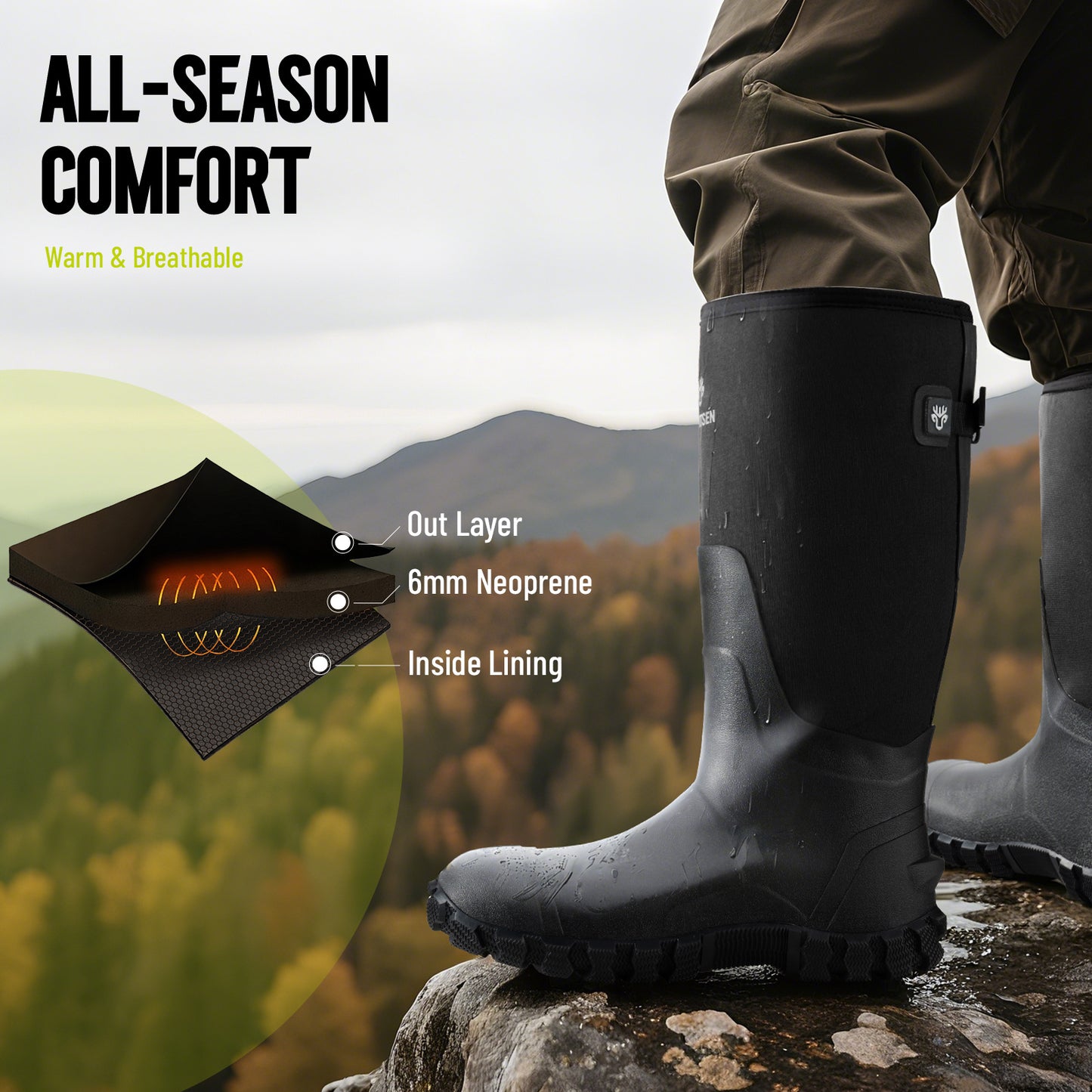 Waterproof Hunting Boots - Insulated Neoprene Rubber with Steel Shank