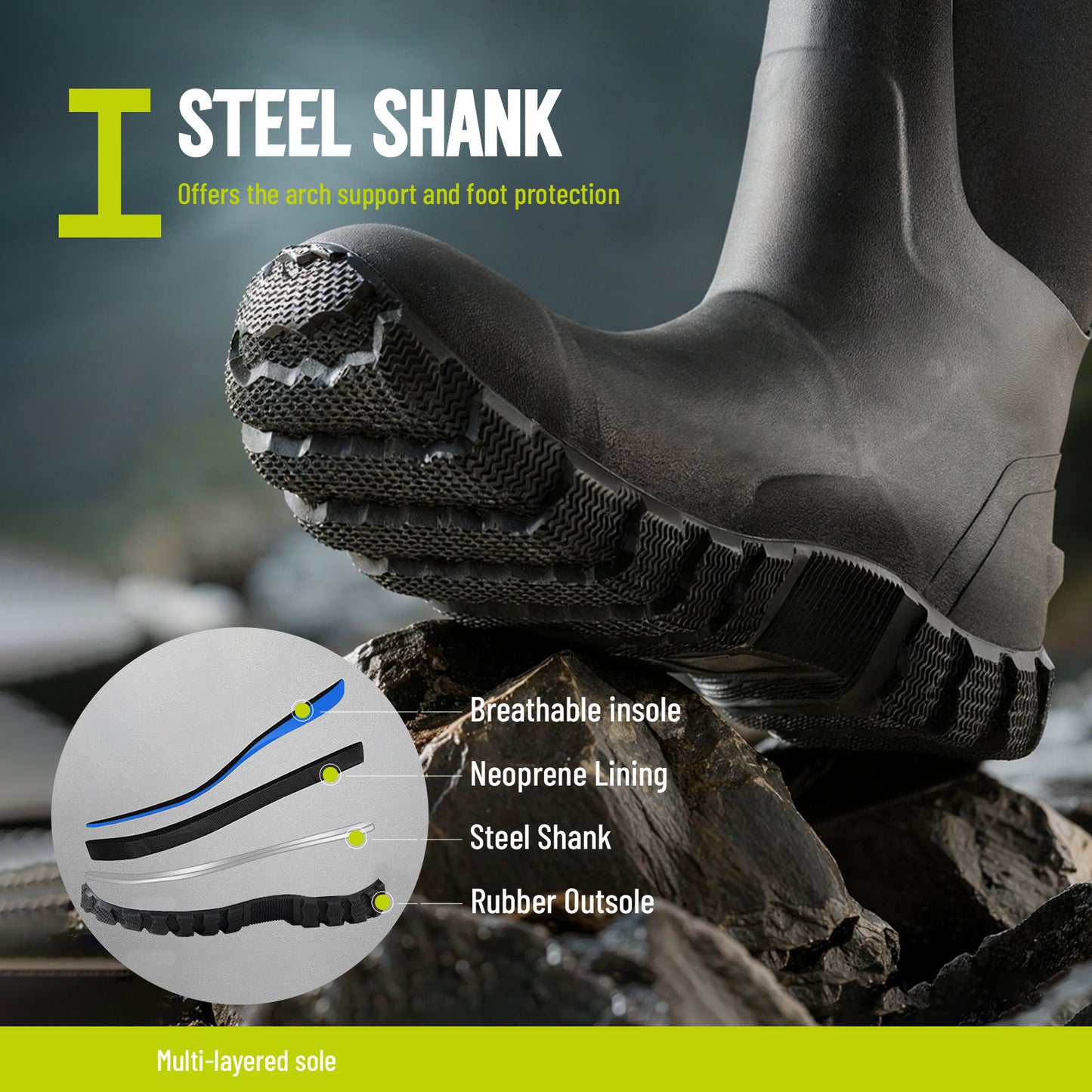Waterproof Hunting Boots - Insulated Neoprene Rubber with Steel Shank