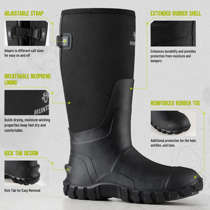 Waterproof Hunting Boots - Insulated Neoprene Rubber with Steel Shank