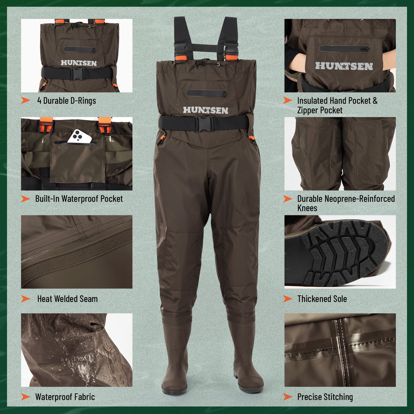 Waterproof Fishing Hunting Chest Waders for Men & Women - Brown
