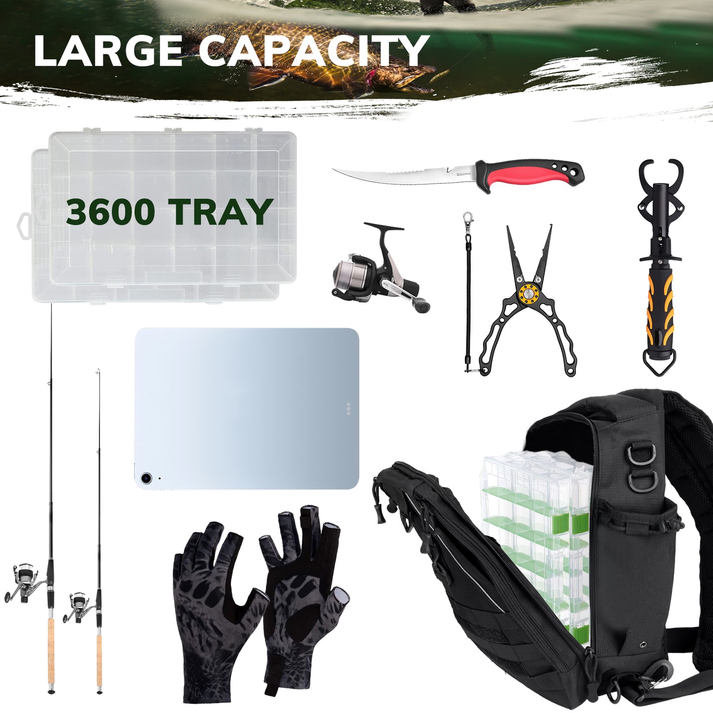 Fishing Tackle Backpack with Rod Holder