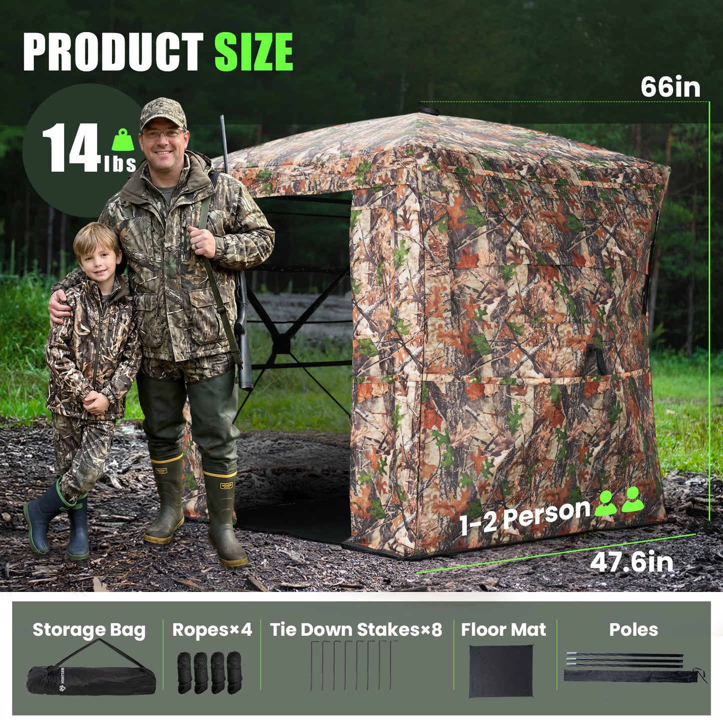 1-2 & 2-3 Person See-Through Hunting Blind with Full Open Door with Floor Mat