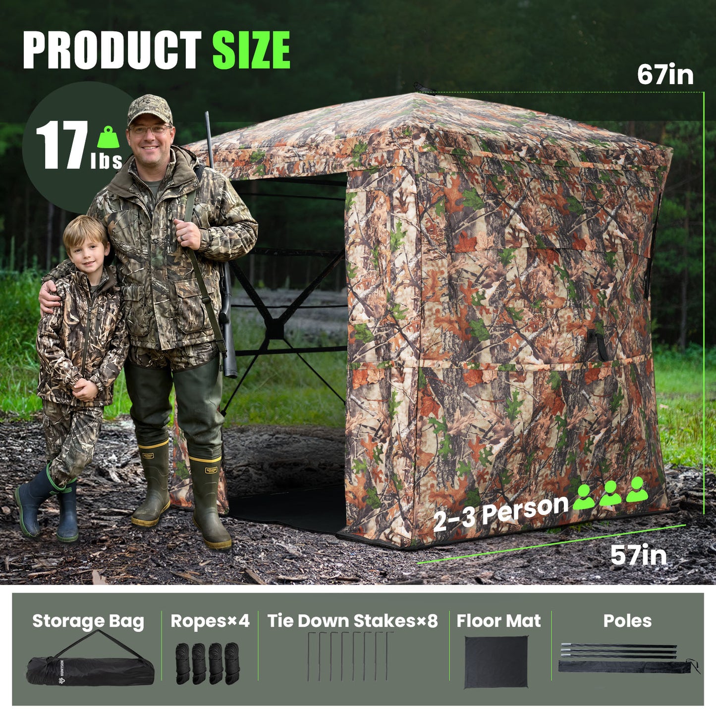 1-2 & 2-3 Person See-Through Hunting Blind with Full Open Door with Floor Mat