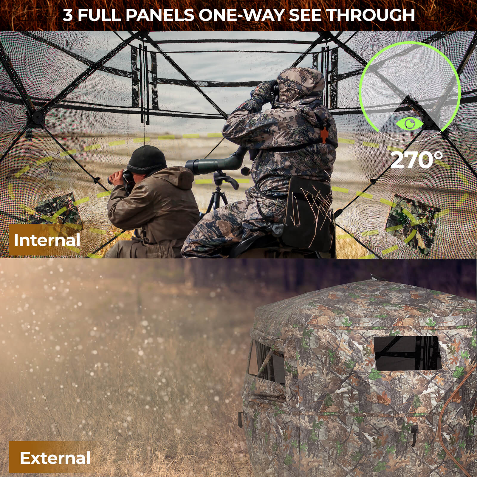 See Through Hunting Blind Pop-Up Ground Deer Blind 270 Degree 2-3 Person 58