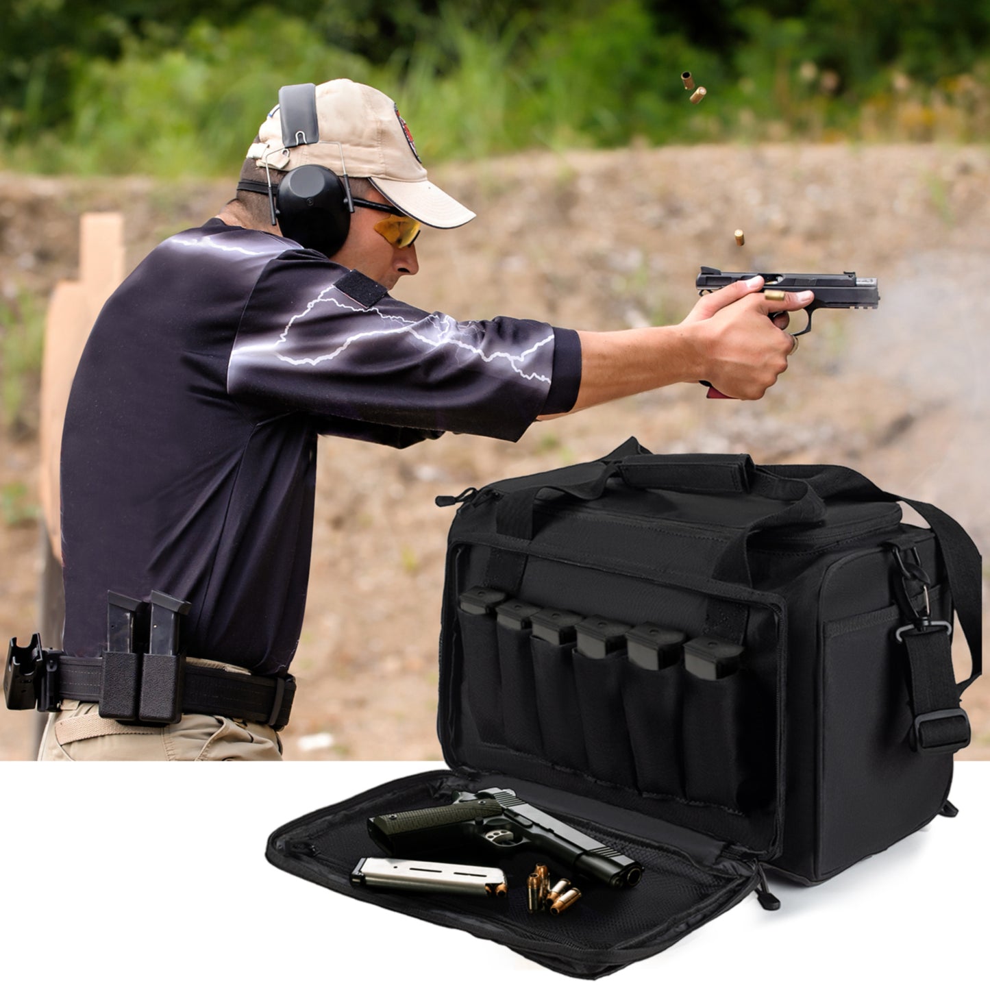 Pistol Range Bag for Handguns and Ammo with 6 Magazine Slots
